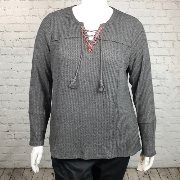 XXL 1X Style & Co Gray Thermal Boho Top Plus Size - Picture 2 of 5